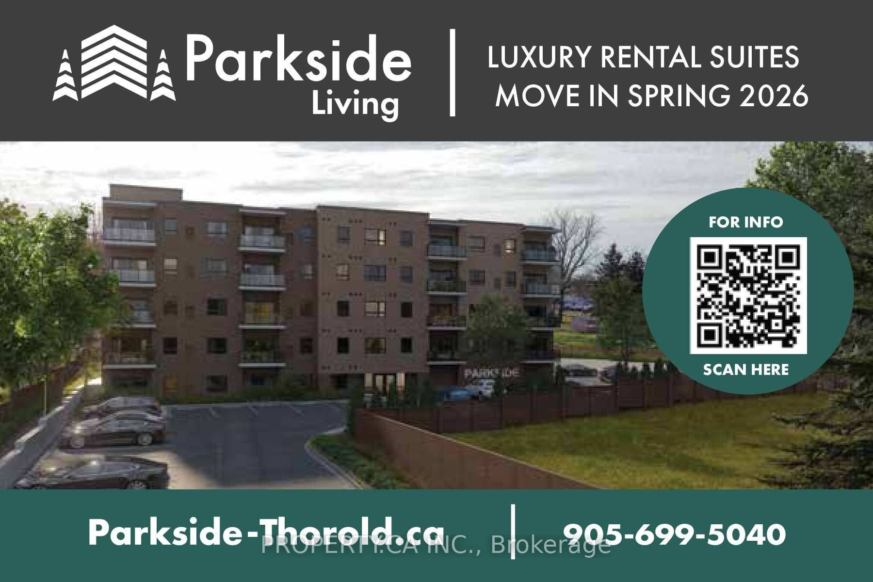 Parkside Living Thorold building exterior with QR code for suite info